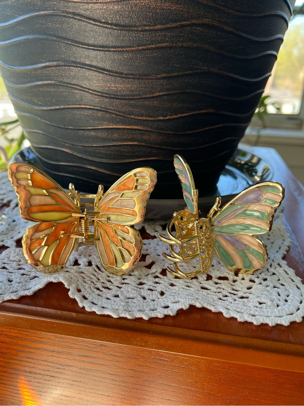 Gold Butterfly Hair Clips in Orange and Pastel Multicolor - Picture 2 of 2
